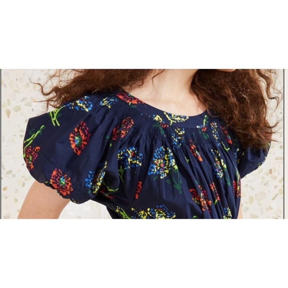 Ulla Johnson Celine Puff Sleeve Floral Blouse Midnight Navy Smocked Top 0 - Picture 3 of 5
